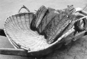 Holzschubkarre mit Ablagefäche aus Korb, auf der sich acht große Laibe Brot befinden