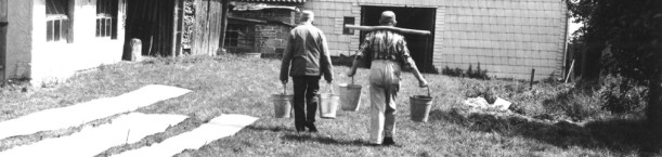 Foto: Zwei Männer tragen Wassereimer über eine Wiese.