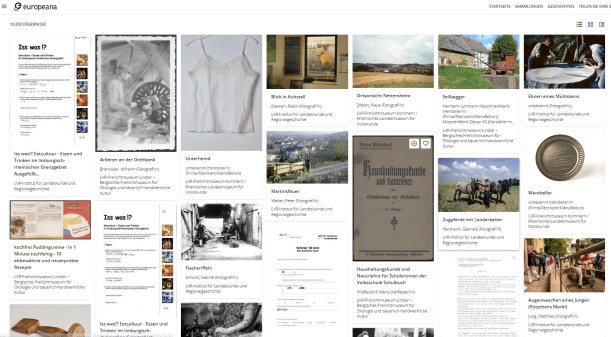 Screenshot aus der Europeana mit heterogenen Quellen des Portals Alltagskulturen aus allen drei Dienststellen