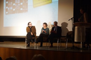 Torsten Junker, Andrea Graf und Dr. Eckhard Bolenz in einer Gesprächsrunde vor der Filmvorführung "Lechenich auf 8mm"