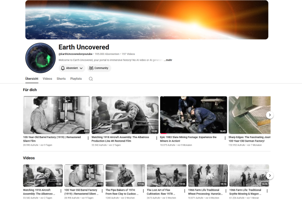 Die Startseite des Kanals „Earth Uncovered“ mit den neuesten Videos, Infos und der Abonnentenzahl