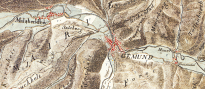 Ausschnitt einer historischen Karte gezeichnet im Jahre 1807