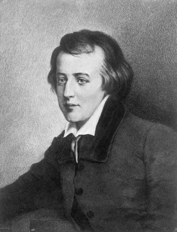 Schwarz-weißes Abbild des jungen Heinrich Heines im halben Profil: Ein Mann mit halblangen Haaren, einem weißen Hemd, darüber eine geknöpfte Jacke mit breitem Kragen.
