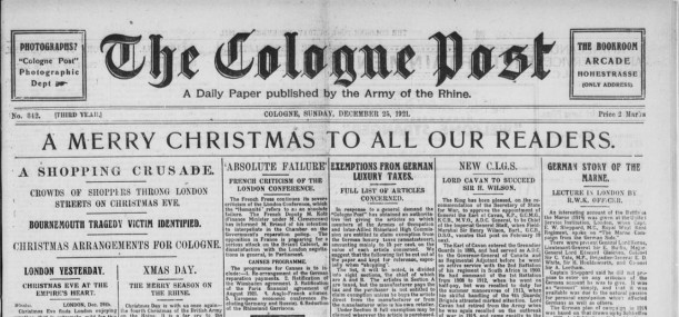 Zeitungskopf „The Cologne Post“ vom 25. Dezember 1921 mit der Überschrift "A merry christmas to all our reader, auf deutsch: Ein fröhliches Weihnachten an all unsere Leser.