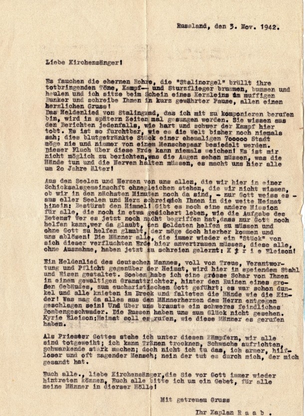 Brief des Kaplans Gustav Raab an seine Gemeinde, Abschrift des am 03.11.1942 geschriebenen Originals, das von der Gestapo beschlagnahmt wurde.