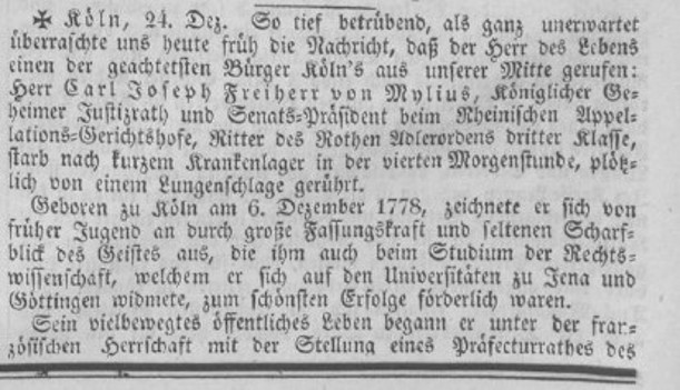 Textausschnitt aus der Kölnischen Zeitung Nr. 359/360 zum Tod des Senatspräsidenten vom 25.12.1838.