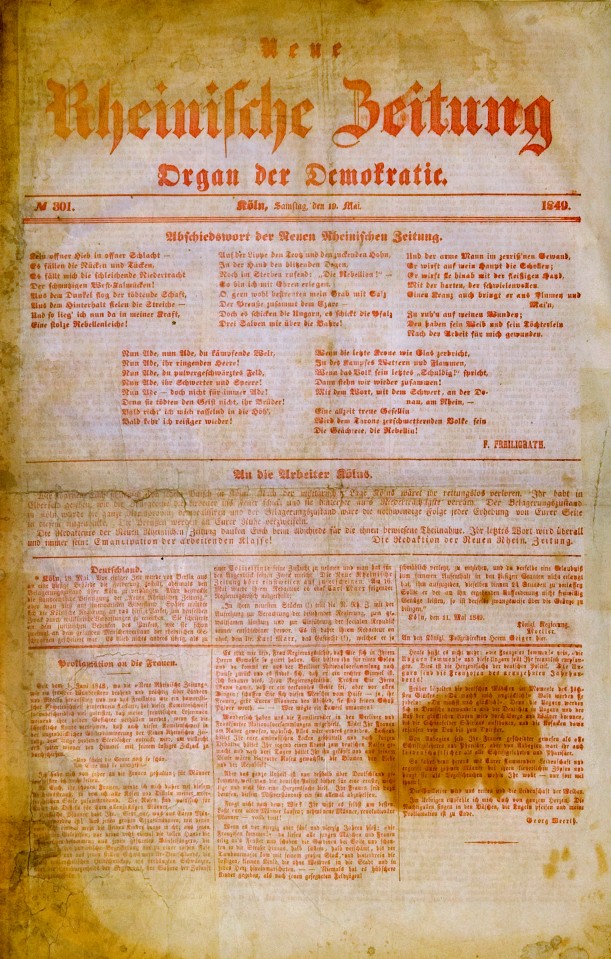 Letzte Ausgabe der Rheinischen Zeitung vom 19. Mai 1849, gedruckt in roter Farbe (© LVR-Niederrheinmuseum Wesel).