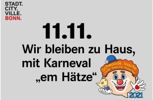 Grafik mit Clownsgesicht und Schriftzug "11.11. Wir bleiben zu Haus, mit Karneval 'em Hätze'"
