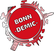 Grafik mit Schriftzug "Bonndemic" in einem roten Kreis auf dem schematisch die Silhouette Bonns abgebildet ist.