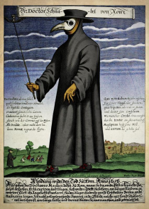 Historische Darstellung eines Pestdoktors im langen Mantel mit Schnabelmaske