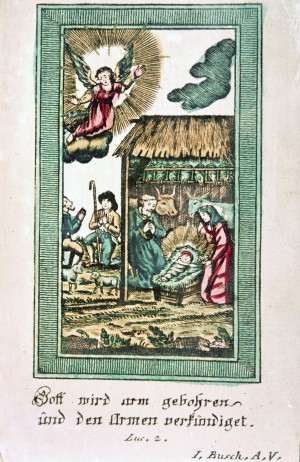 Andachtsbild mit Krippenszene mit einem eng eingewickelten, gefatschten, Christkind.