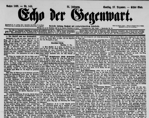 Das Titelblatt des „Echos der Gegenwart“ vom 23.12.1899 mit dem Artikel „Die Politik und das Friedensfest“.