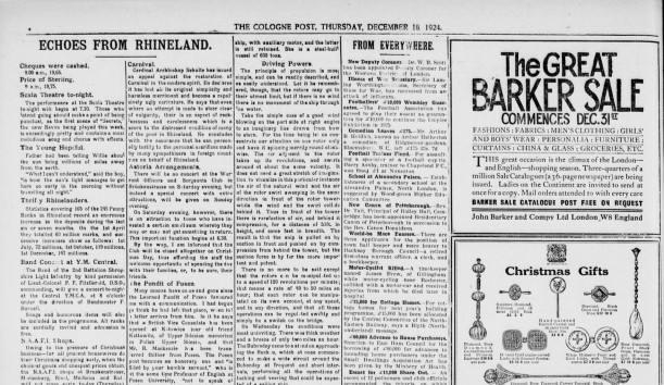 Seite der Zeitung „The Cologne Post“ vom 18.12.1924. Die Tageszeitung für die Soldaten der britischen Rheinarmee berichtet über Schultes Appell zur Vermeidung des Karnevals.