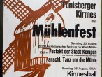 Plakat mit einer Skizze einer Windmühle und dem Text: Tönisberger Kirmes mit Mühlenfest