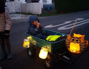 Ein kleines Kind sitzt in einem mit Laternen geschmückten Bollerwagen.