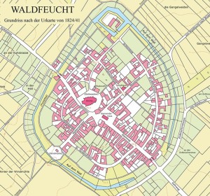 Hochzeichnung aus dem Rheinischen Städteatlas, zeigt die Urkarte von Waldfeucht, 1824.