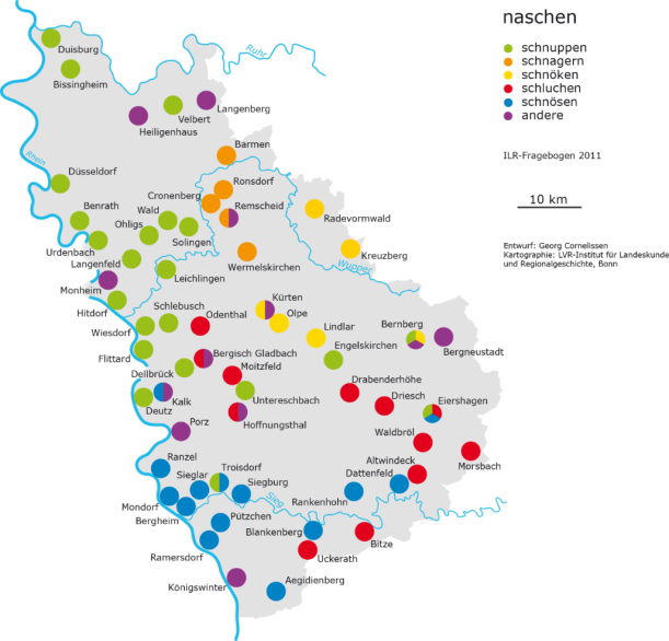 Auf einer Karte ist eingetragen, wo verschiedene regionale Begriffe verwendet werden.