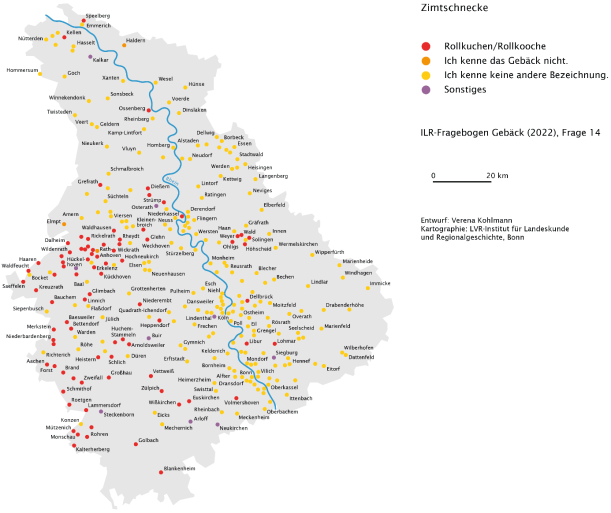 Auf einer Karte ist eingetragen, wo verschiedene regionale Begriffe für das Wort Zimtschnecke verwendet werden.