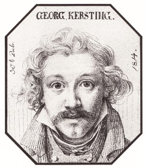 achteckige Plakette mit einem Selbstbildnis des Malers Georg Friedrich Kersting mit Namensschriftzug und Jahreszahl 1814