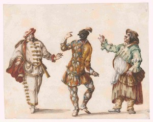 Farbige Zeichnung mit drei Figuren aus der Commedia dell’Arte, darunter die Figur des Arlecchino in seinem Rautenkostüm.