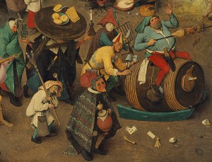 Der Ausschnitt des Gemäldes zeigt die wohlbeleibte Figur des Karnval auf einem Fass reitend und mit üppigen Speisen um sich. Ausgelassene, teilweise rotnasige Narren folgen ihr.