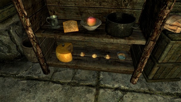Screenshot: Spielszene aus dem Spiel Skyrim. Ein Käse und weitere Utensilien sollen aussehen wie Pacman.