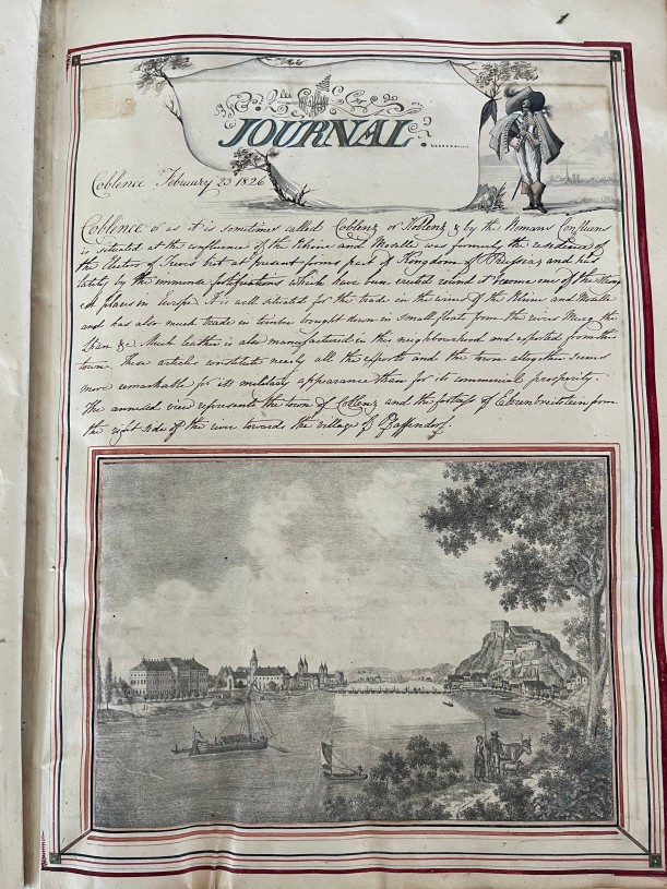 Die erste Seite des Reisetagesbuchs von Lady Dyer und Mrs. Hearn handelt von dem Besuch der Stadt Koblenz.