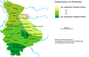Karte, die den Dialektverlust in den unterschiedlichen Regionen des Rheinland darstellt