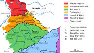 Karte, die den rheinischen Fächer mit den Dialekgebieten des Rheinlandes zeigt