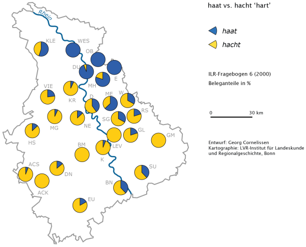Die Aussprachevariante "hacht" wird im südlichen und südwestlichen Rheinland häufiger verwendet als im Osten, im Bergischen Land. Dort wird das Wort hart "haat" ausgesprochen.
