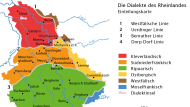 Karte, die die Verbreitung der unterschiedlichen Dialekte im Rheinland zeigt